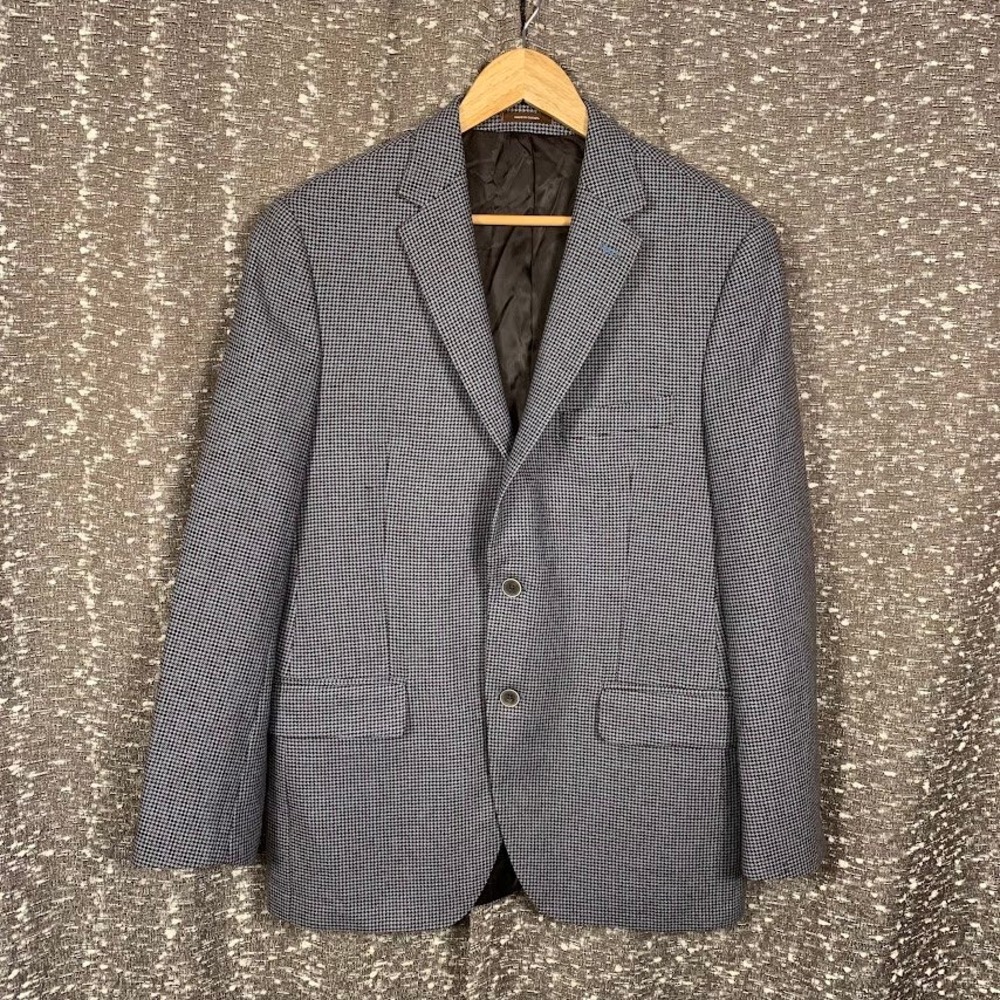 Peter Millar Sport Coat 40R Mens Blue Brown Houndstooth Wool Blazer Canada UNITE
